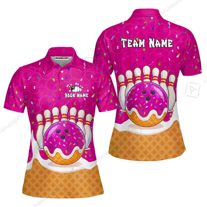 Custom Bowling Jersey Polo Shirt, Bowling Sprinkles Ice Cream Cone, Personalized Name & Team Name