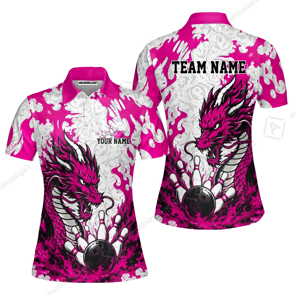Custom Bowling Jersey Polo Shirt, Fierce Crimson Fire Dragon Strike, Custom Bowling Jersey Team Shirt For Players With Name and Team Name