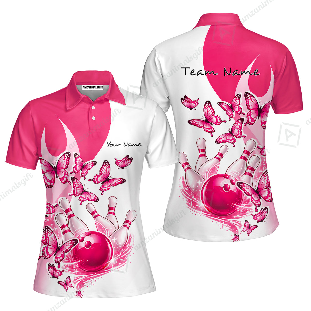 Custom Bowling Jersey Polo Shirt, Butterfly Strike, Personalized Name & Team Name