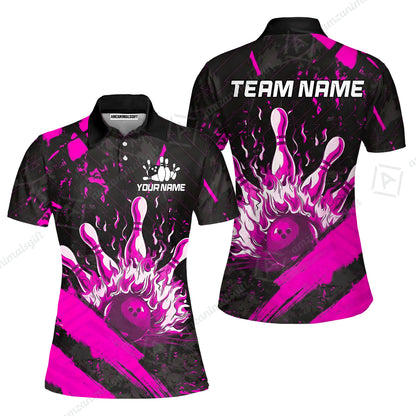 Customized Bowling Unisex Polo Shirt, Bowling And Pins Grunge Flame, Bowling Uniform - Personalized Name And Team Name
