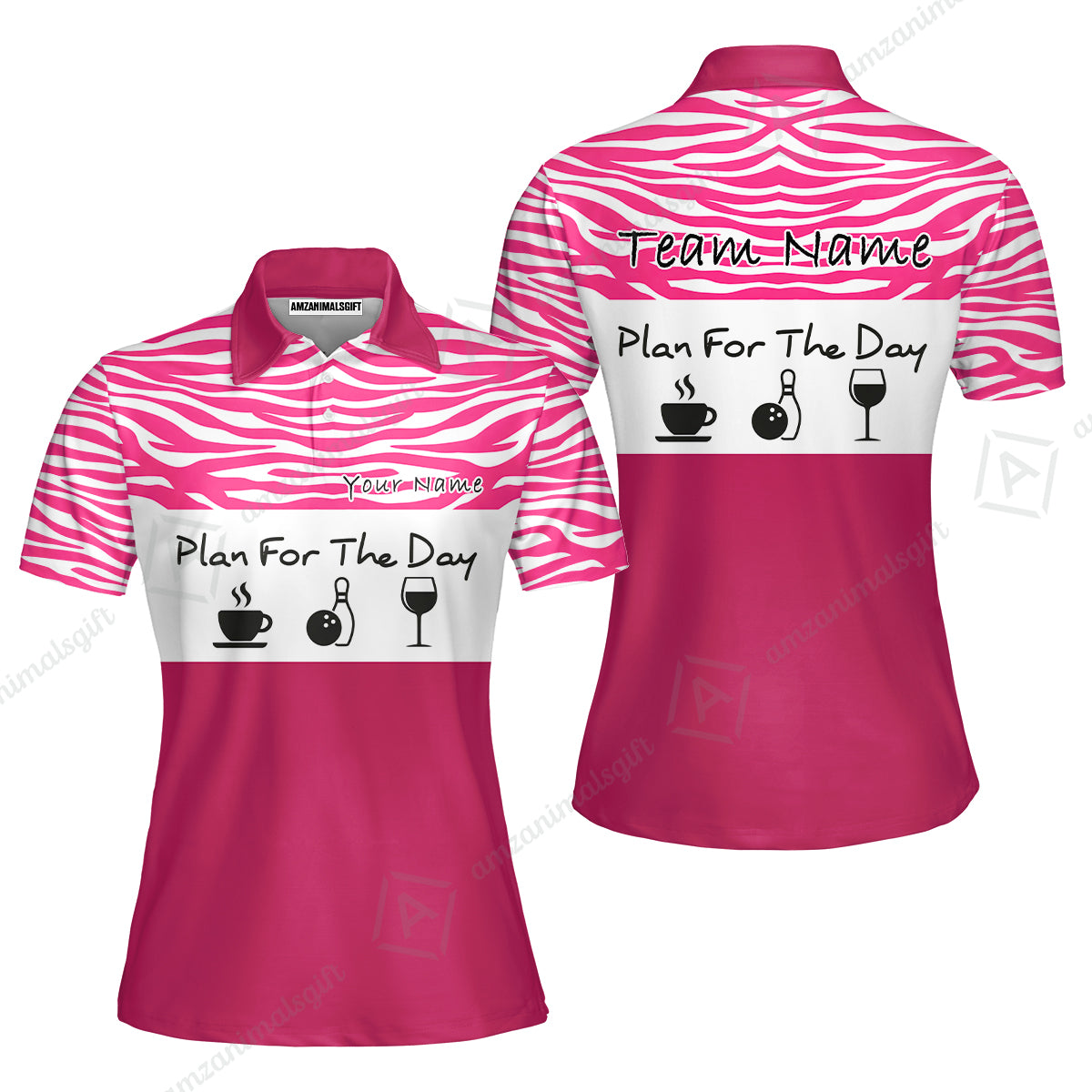 Custom Bowling Jersey Polo Shirt, Pink Zebra Pattern Bowling, Custom Bowling Jersey Team Shirt For Players With Name & Team Name