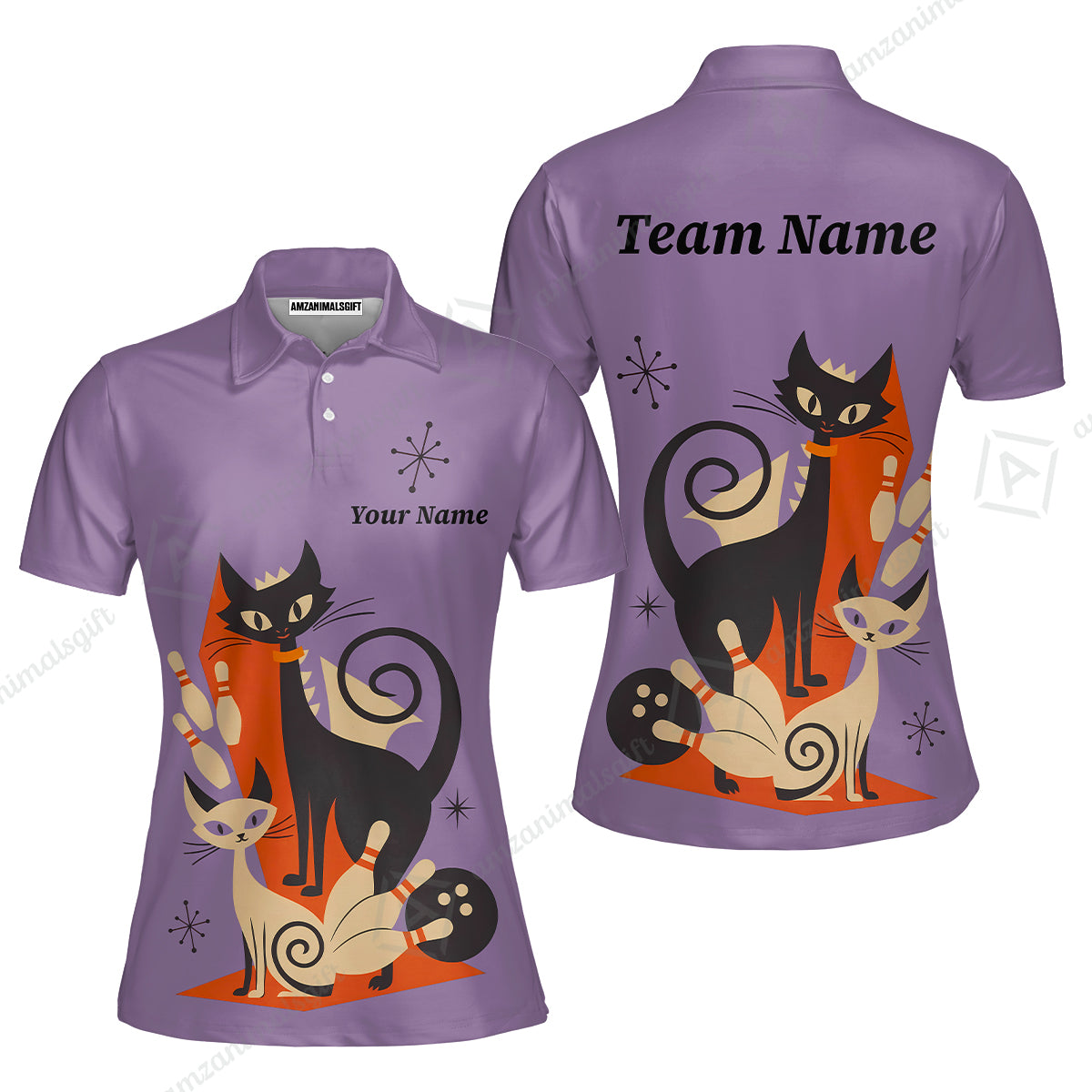 Custom Bowling Jersey Polo Shirt, Retro Cats, Custom Bowling Jersey Team Shirt For Players With Name & Team Name