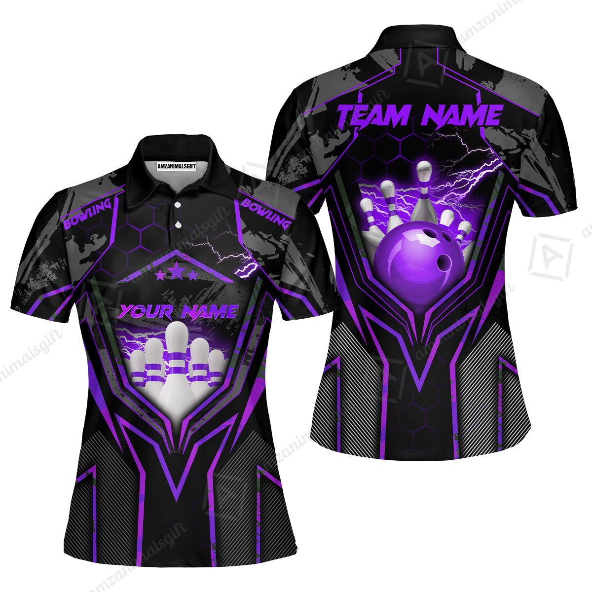 Customized Bowling Jersey, Bowling And Pins Abstract Grunge Texture X Multicolor Option Customized Name And Team Name Zipper Polo Jerseys Shirts