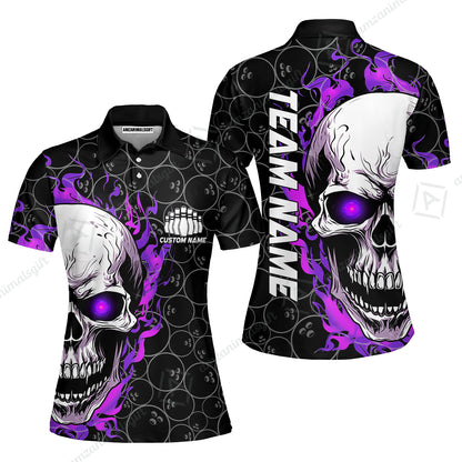 Personalized Bowling Unisex Polo Shirt, Green Flaming Skull Shirt For For Team Men Women Bowlers