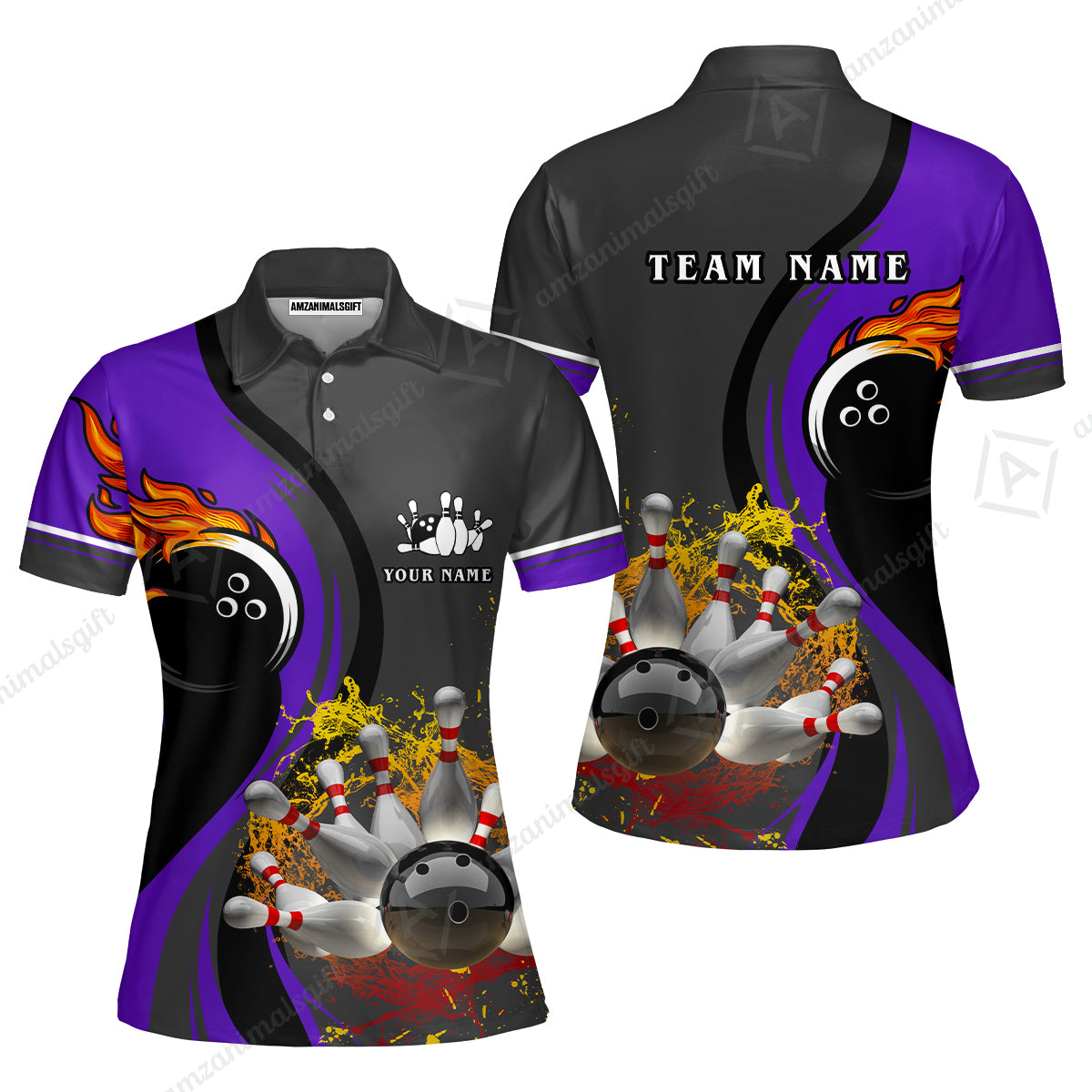 Customized Bowling Unisex Polo Shirt, Bowling And Pins Water Flow Multicolor Option Customized Name And Team Name For Bowling Team Polo Jerseys Shirts