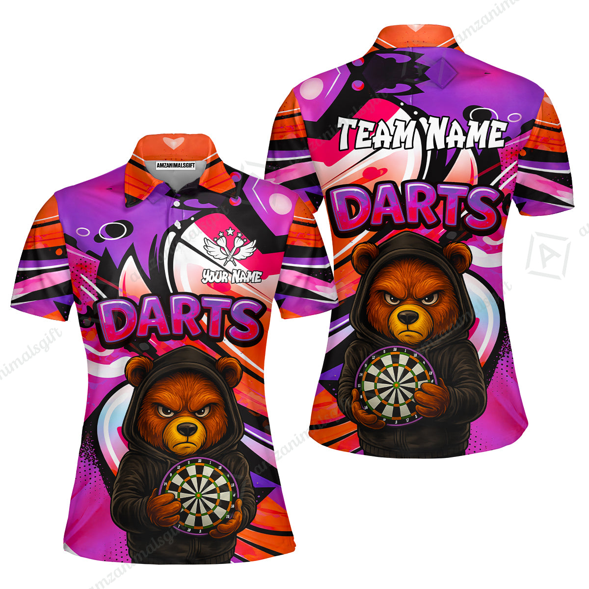 Customized Darts Team Uniform Shirt, Custom Darts Team Collar Quarter-Zip, Personalized Bear Darts Shirt with Name & Team Name
