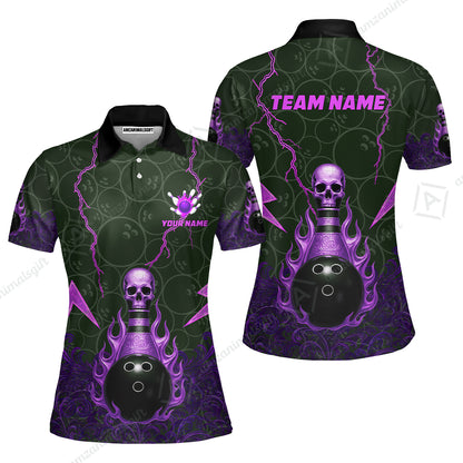 Custom Bowling Team Unisex Polo Shirt, Thunder Skull Strike Personalized Team Shirt, Custom Name and Team Name for Bowlers