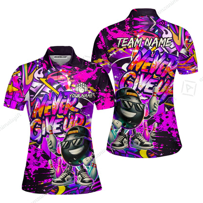 Customized Bowling Unisex Polo Shirt, Graffiti Bowling Funny Never Give Up Bowling Uniform, Personalized Name And Team Name