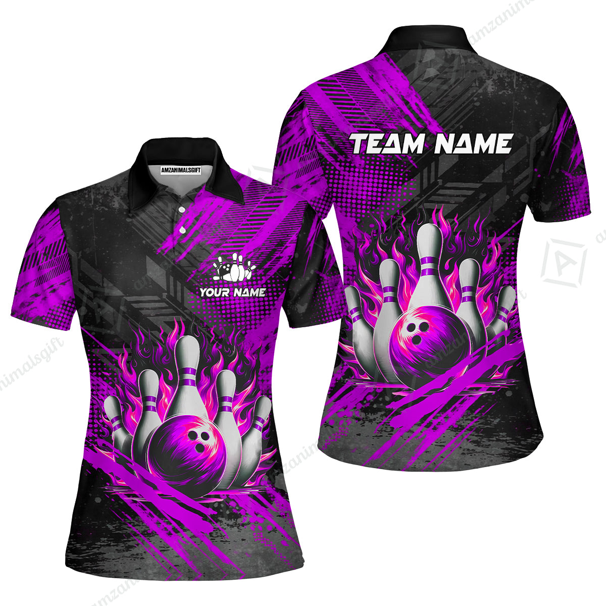 Custom Bowling Team Quarter-Zip Polo Shirt, Personalized Flame Bowling Jersey with Name & Team Name for Men & Women
