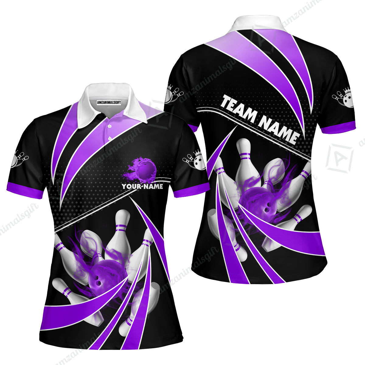 Customized Bowling Women Polo Shirt, Bowling Ball & Pins Fire Light Sport Women Polo Shirt Multicolor Option For Bowlers