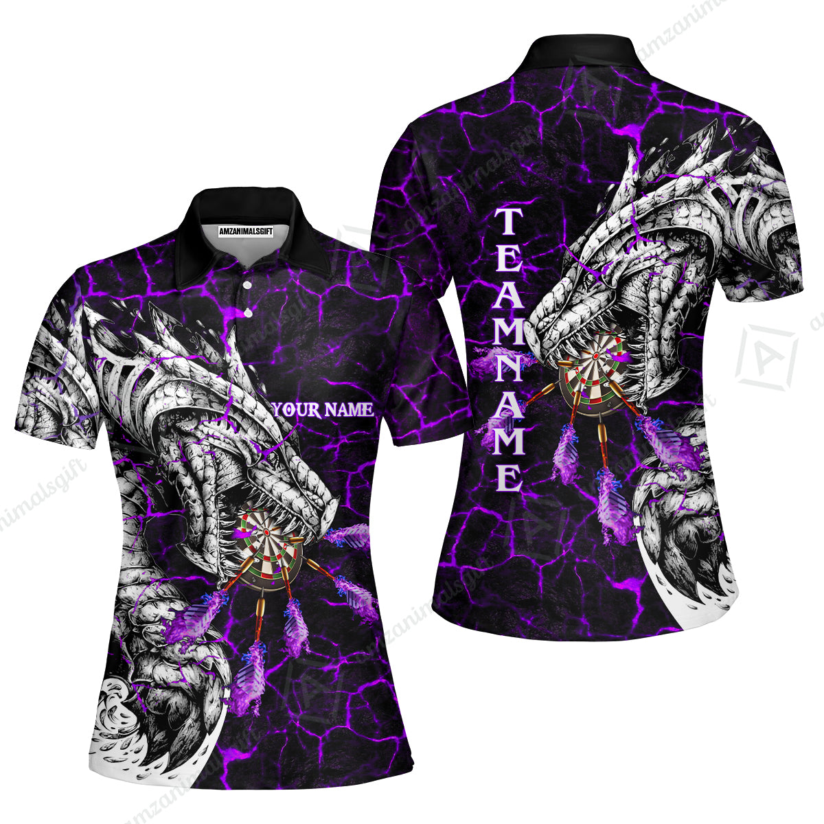 Customized Darts Team Women Polo Shirt, Darts And Dragon With Magma Personalized Women Polo Shirt For Darts Players