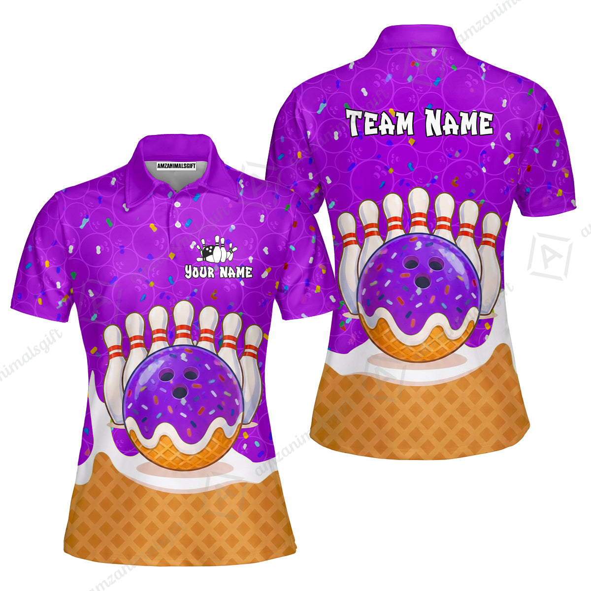 Custom Bowling Jersey Polo Shirt, Bowling Sprinkles Ice Cream Cone, Personalized Name & Team Name