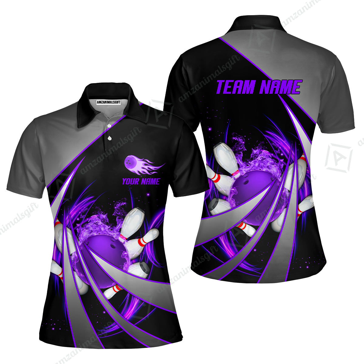 Customized Bowling Unisex Polo, Flame Bowling And Pins Tornado Pattern Multicolor Option Customized Name Zipper Polo Jerseys Shirts
