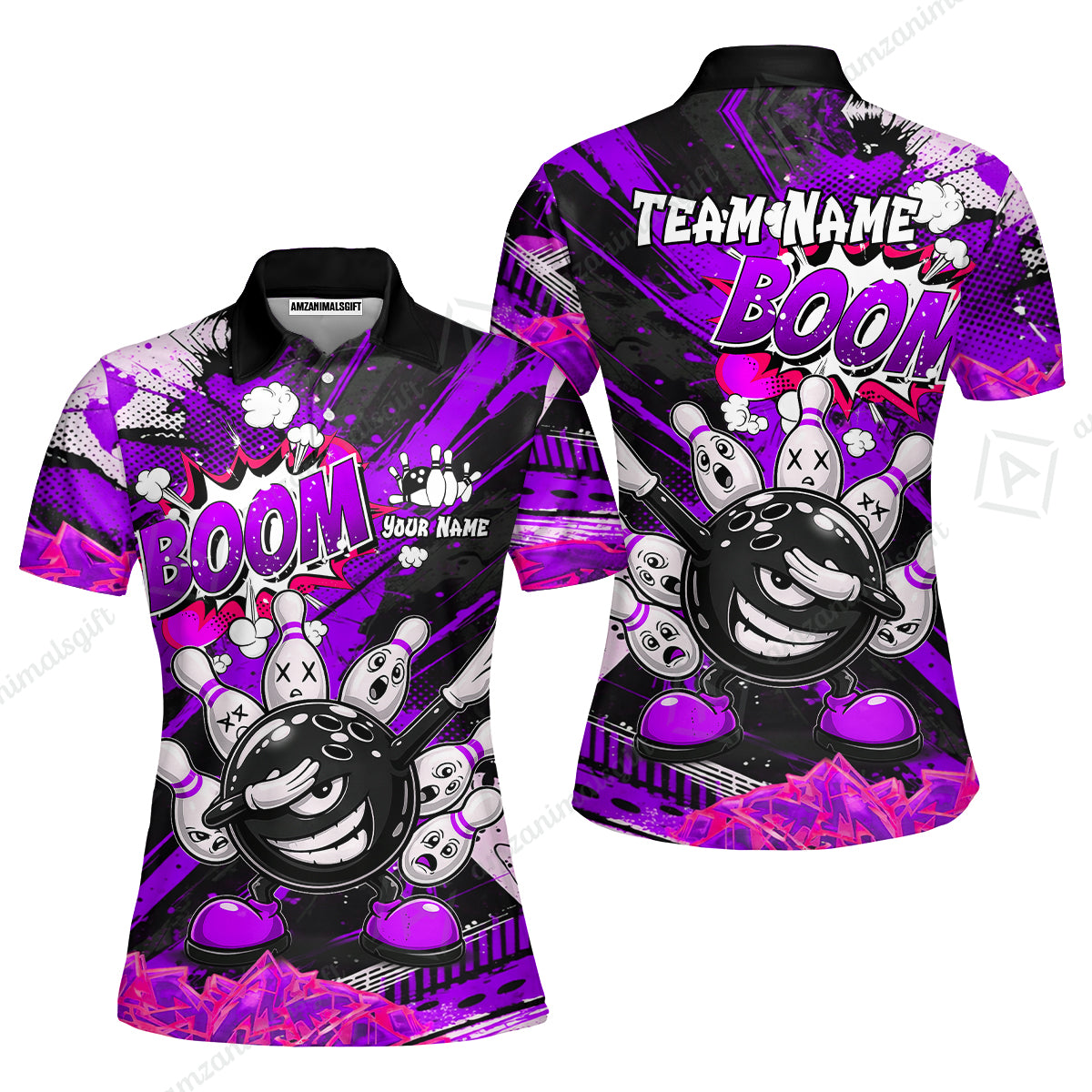 Customized Bowling Unisex Polo Shirt, Boom Bowling Angry Ball Screaming Pins, Personalized Name And Team Name For Bowlers