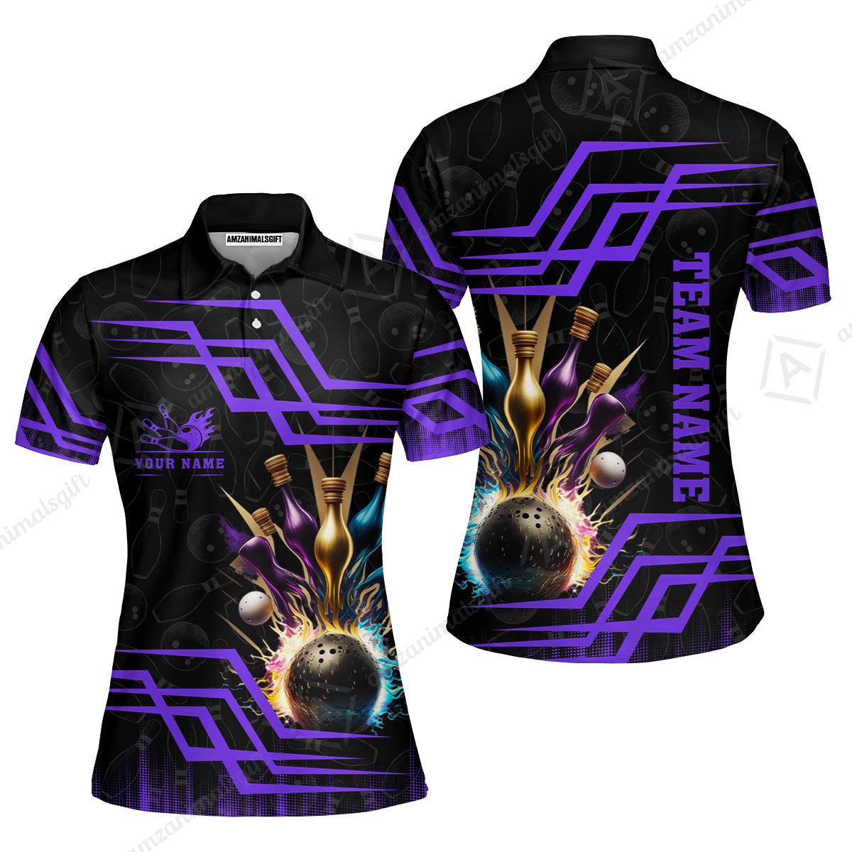 Customized Bowling Unisex Polo, Bowling And Pins Royal Multicolor Option Customized Name And Team Name For Bowling Team