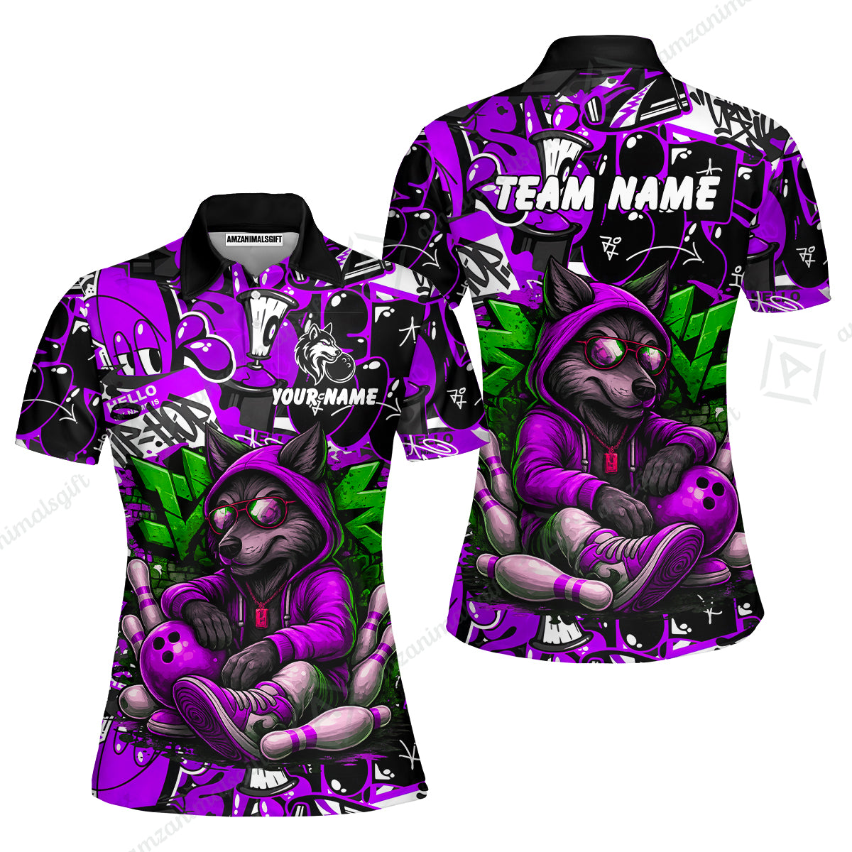 Custom Bowling Jersey Polo Shirt, Badass Wolf Mascot Bowling, Custom Bowling Jersey Team Shirt For Players With Name & Team Name