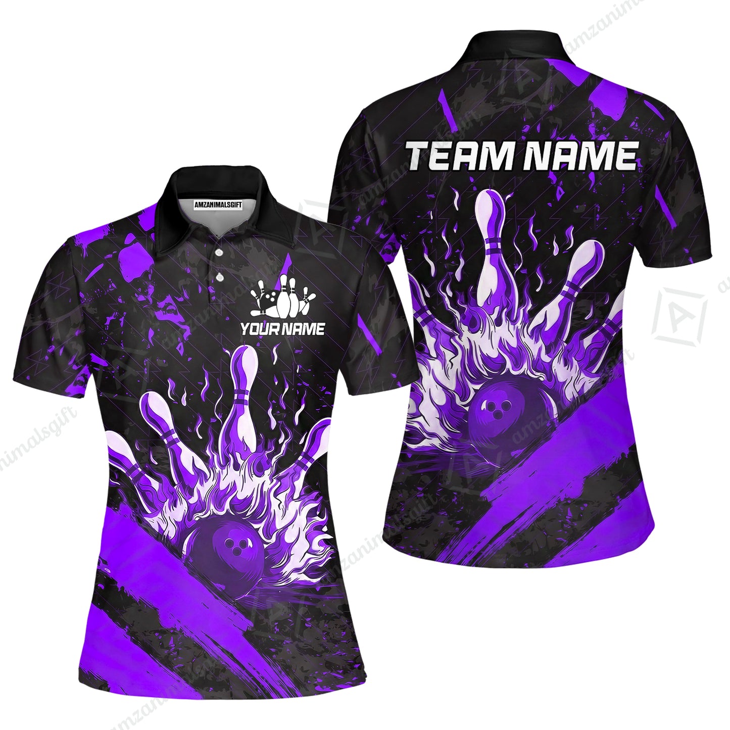Customized Bowling Unisex Polo Shirt, Bowling And Pins Grunge Flame, Bowling Uniform - Personalized Name And Team Name