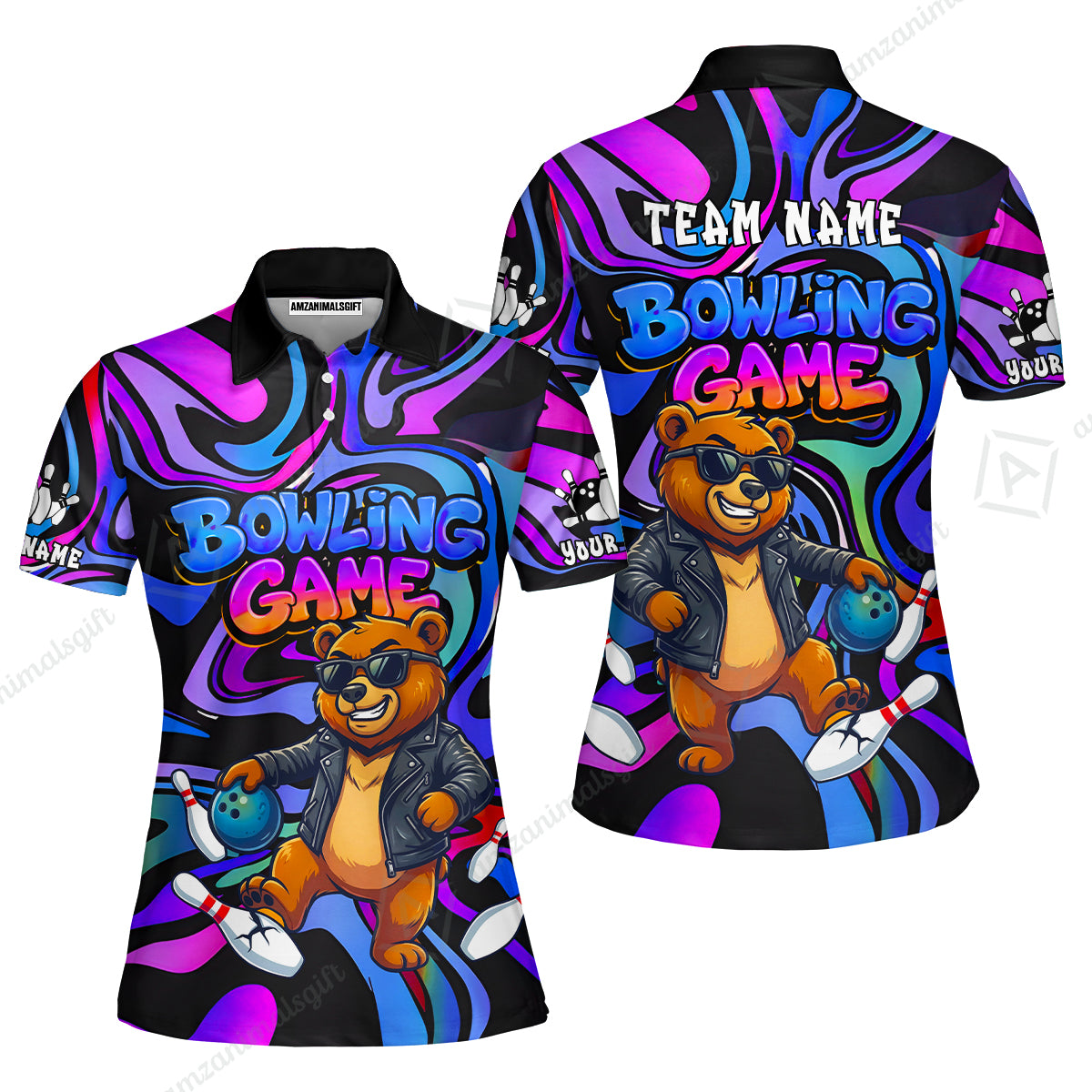 Custom Bowling Jersey Polo Shirt, Trippy Swirl Rocker Bear Graffiti Style, Custom Bowling Jersey Team Shirt For Players With Name & Team Name