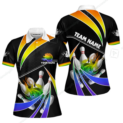 Customized Bowling Women Polo Shirt, Bowling Ball & Pins Fire Light Sport Women Polo Shirt Multicolor Option For Bowlers