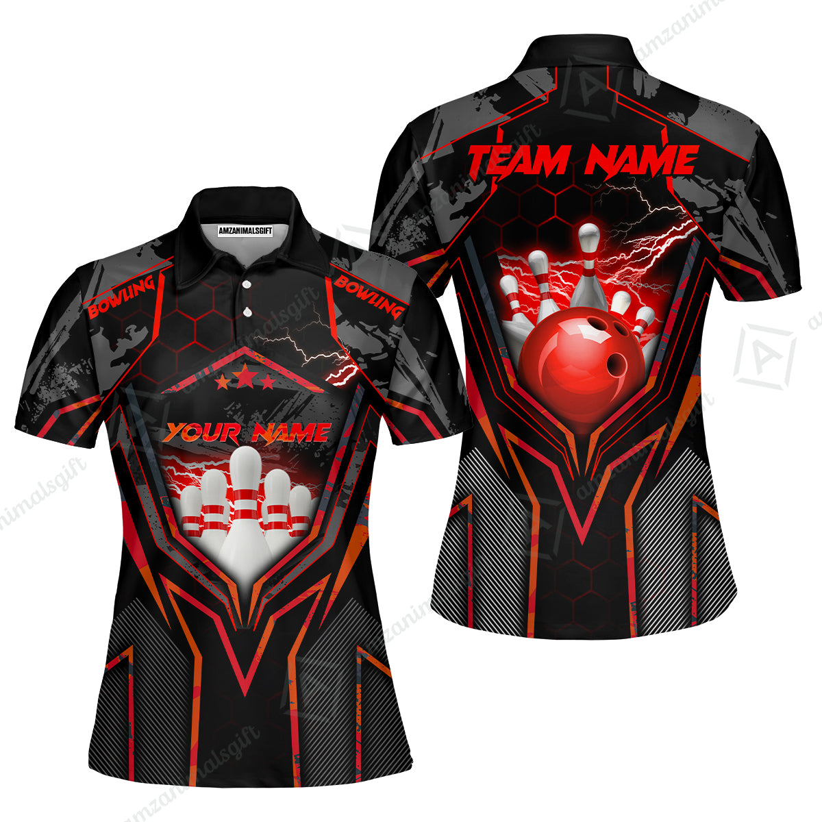 Customized Bowling Jersey, Bowling And Pins Abstract Grunge Texture X Multicolor Option Customized Name And Team Name Zipper Polo Jerseys Shirts