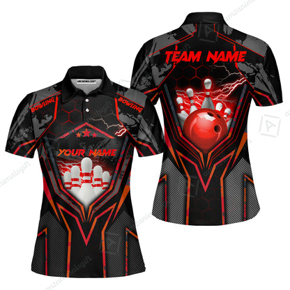 Customized Bowling Jersey, Bowling And Pins Abstract Grunge Texture X Multicolor Option Customized Name And Team Name Zipper Polo Jerseys Shirts