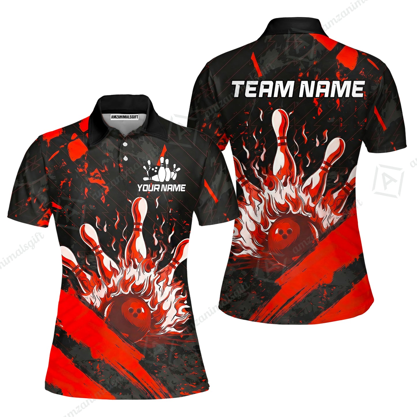 Customized Bowling Unisex Polo Shirt, Bowling And Pins Grunge Flame, Bowling Uniform - Personalized Name And Team Name
