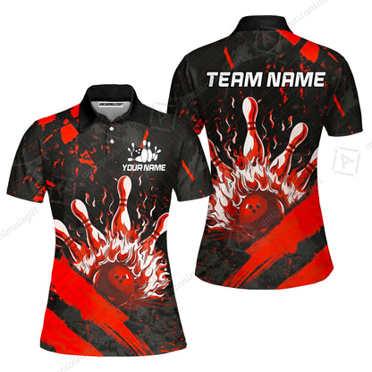 Customized Bowling Unisex Polo Shirt, Bowling And Pins Grunge Flame, Bowling Uniform - Personalized Name And Team Name