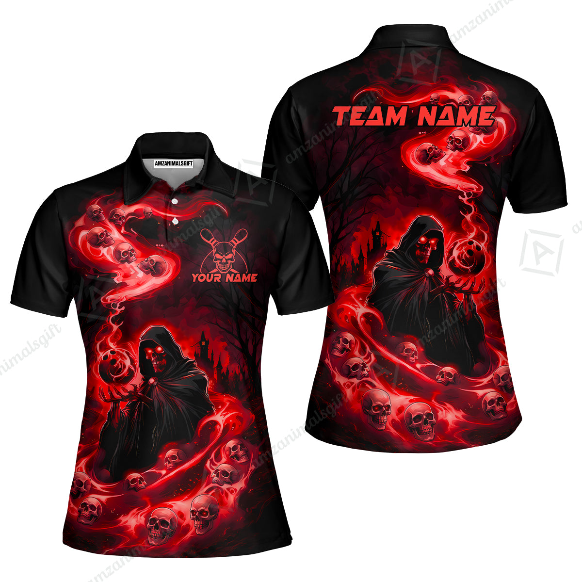 Custom Bowling Jersey Polo Shirt, Fiery Pool Shark, Custom Bowling Jersey Team Shirt For Players With Name & Team Name