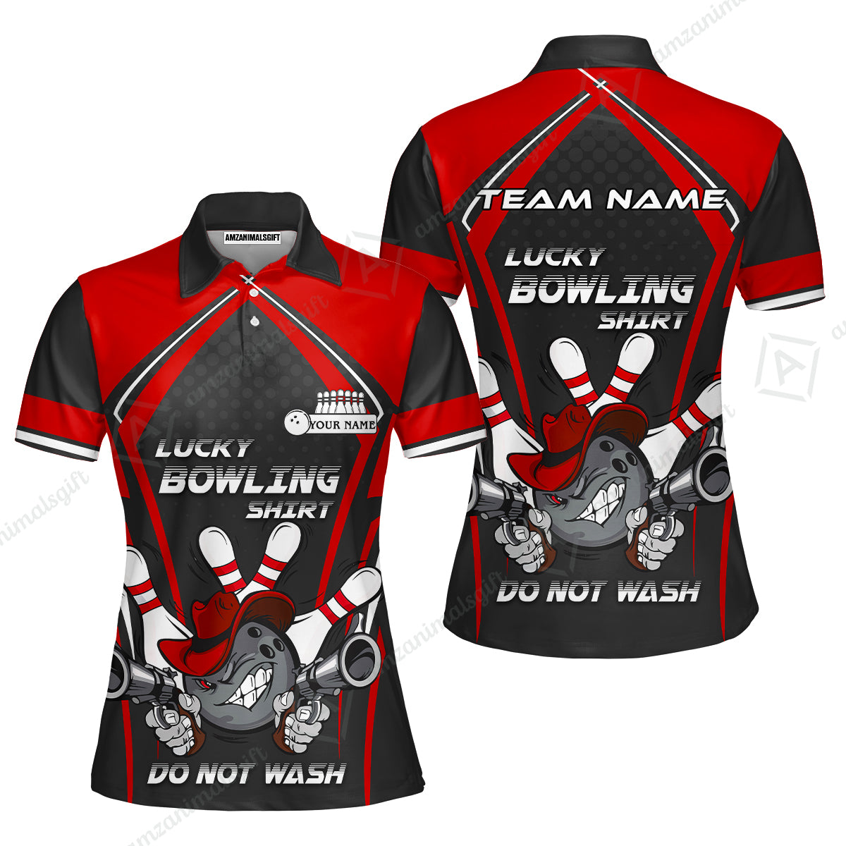 Customized Bowling Team Women Polo Shirt, Lucky Bowling Shirt Do Not Wash Bowling Ball Aiming Guns, Personalized Name Bowling Shirt