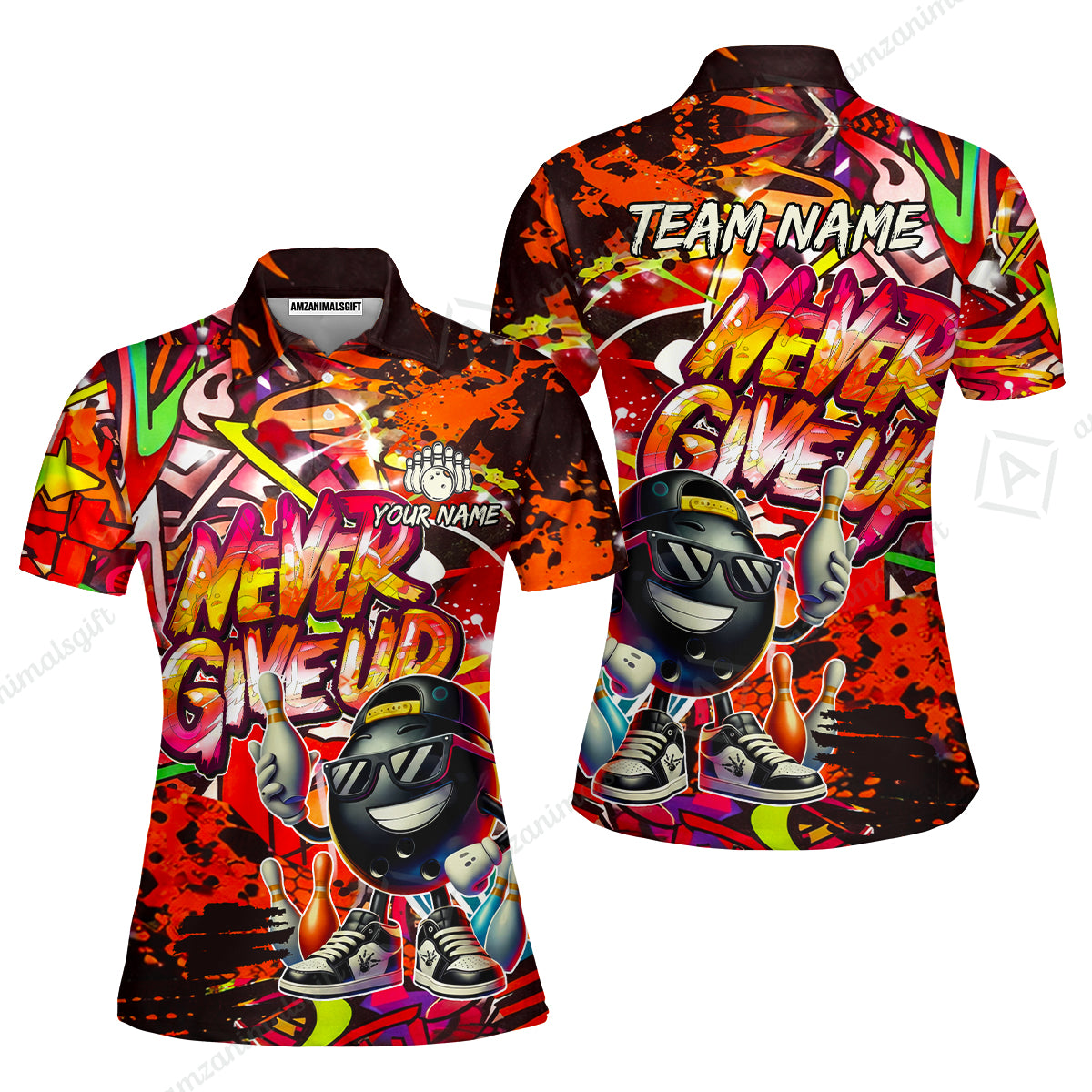 Customized Bowling Unisex Polo Shirt, Graffiti Bowling Funny Never Give Up Bowling Uniform, Personalized Name And Team Name
