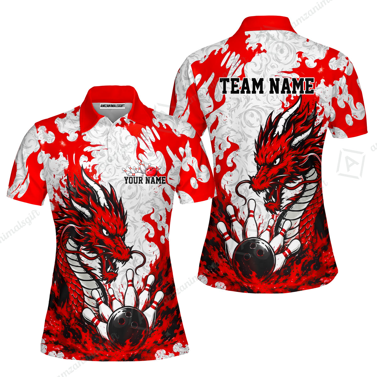 Custom Bowling Jersey Polo Shirt, Fierce Crimson Fire Dragon Strike, Custom Bowling Jersey Team Shirt For Players With Name and Team Name