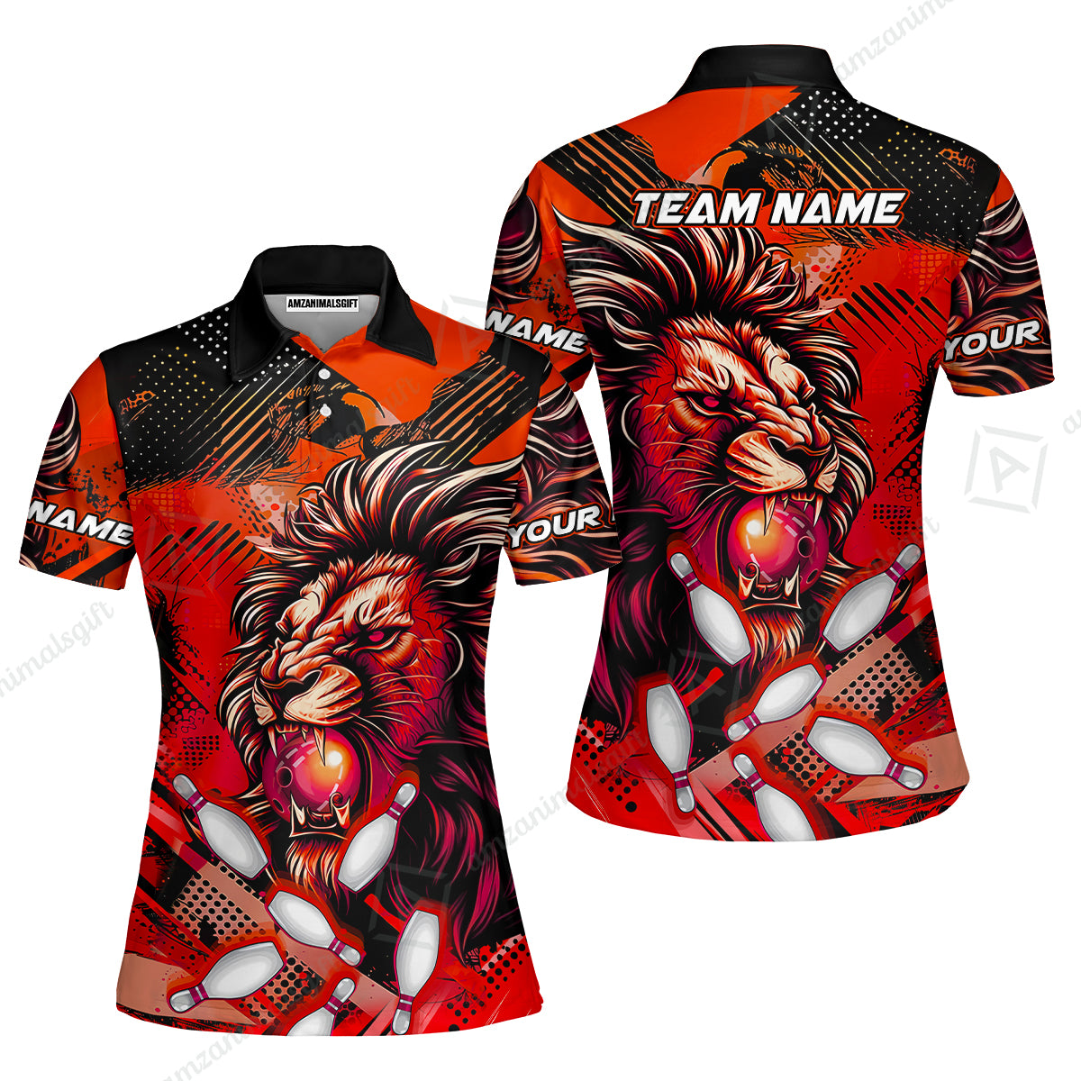 Custom Bowling Team Jerseys Shirts, Bowling uniforms Ball & Pins Lion Pattern Personalized Name And Team Name