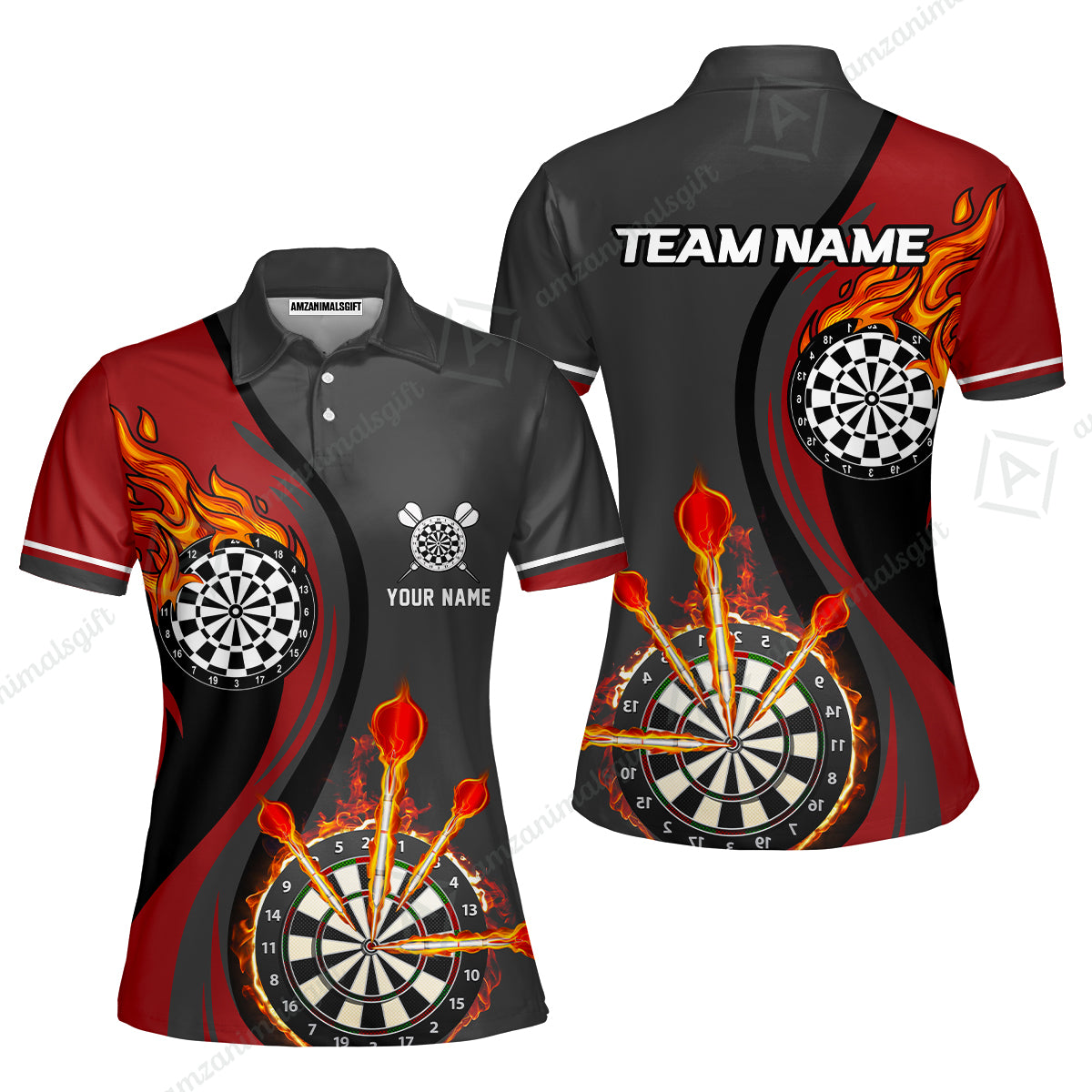 Custom Tailored Fire Flames Darts Team Jersey Polo Quarter-Zip Shirts, Customized Name Team Name Darts Team Jerseys Uniform