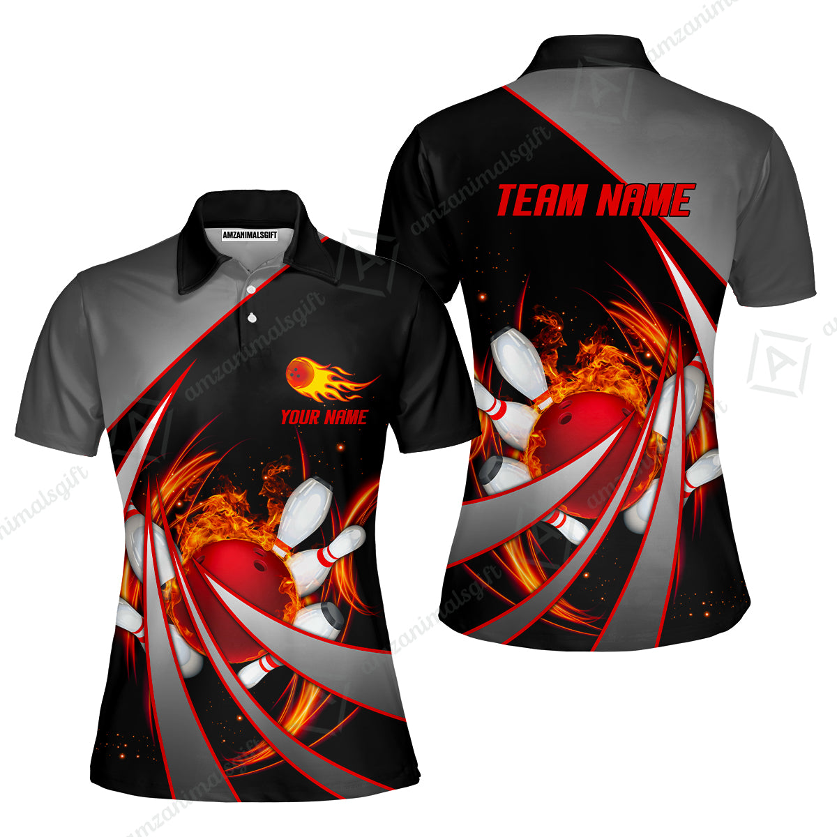 Customized Bowling Unisex Polo, Flame Bowling And Pins Tornado Pattern Multicolor Option Customized Name Zipper Polo Jerseys Shirts