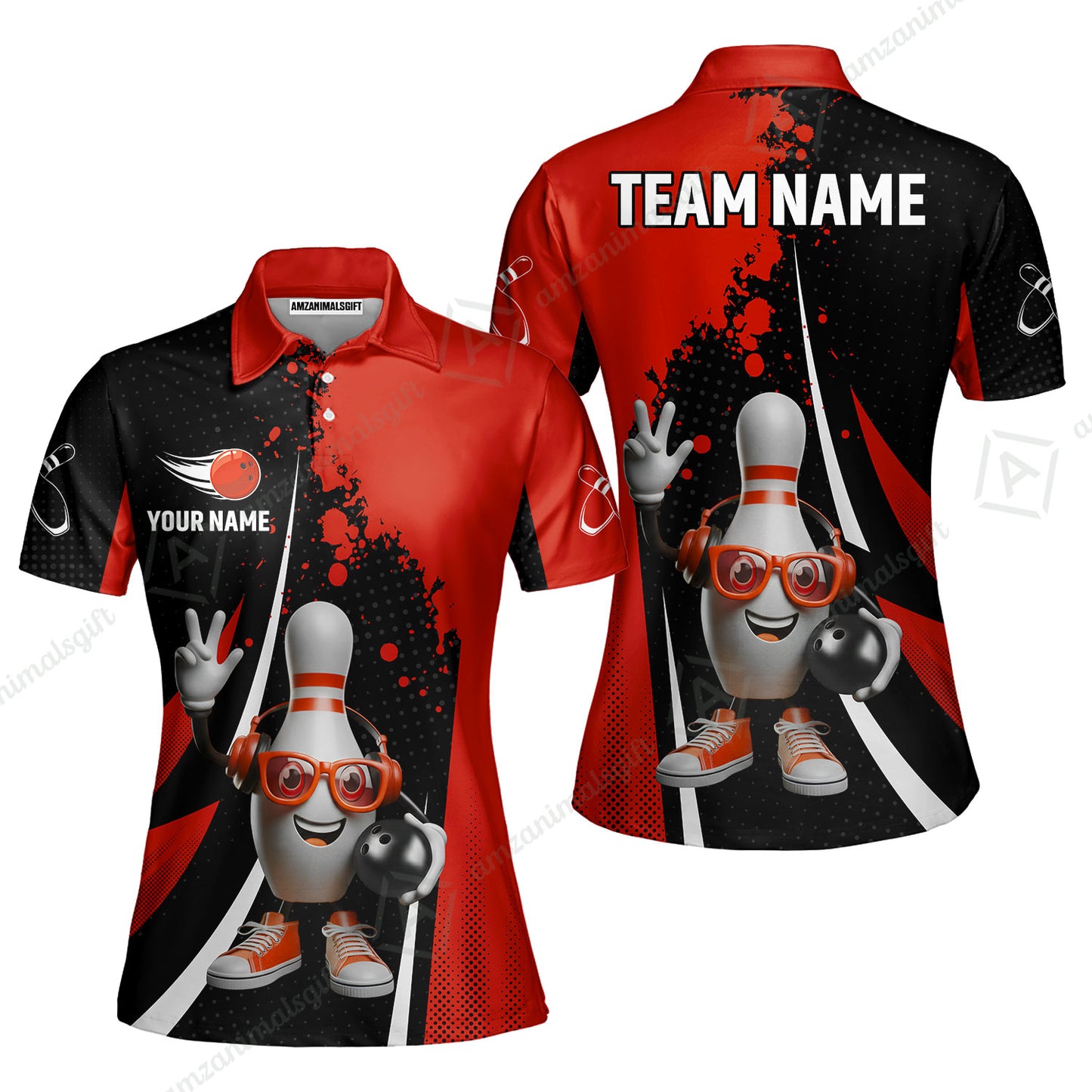Customized Bowling Unisex Polo Shirt, Halftone Bowling Pin Wearing Headphones Sunglasses, Personalized Name And Team Name