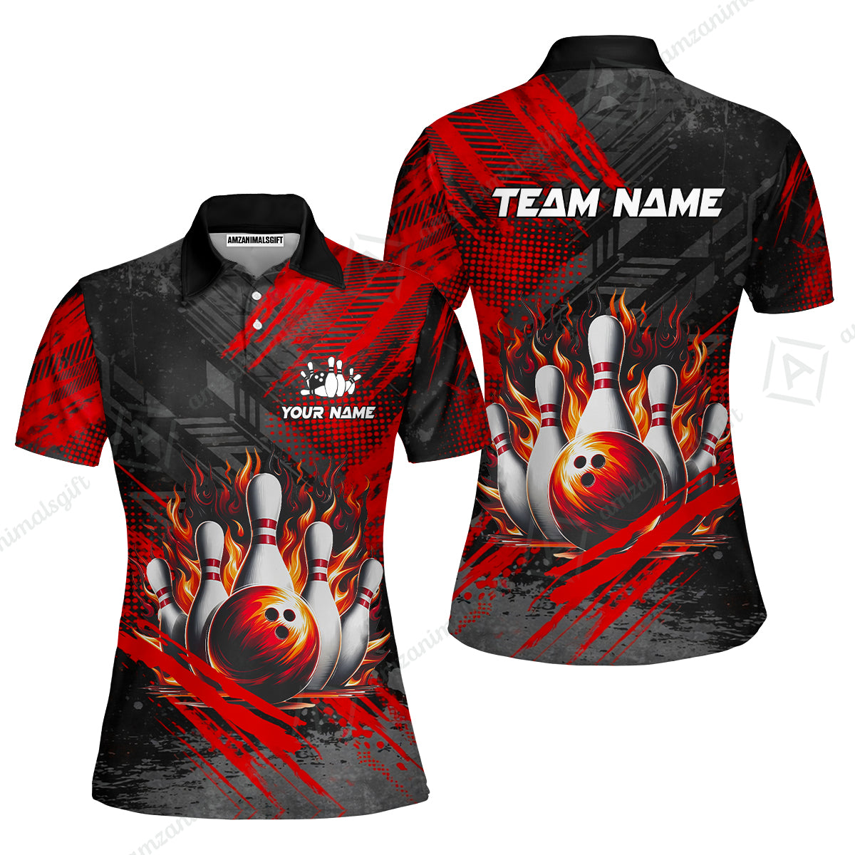 Custom Bowling Team Quarter-Zip Polo Shirt, Personalized Flame Bowling Jersey with Name & Team Name for Men & Women