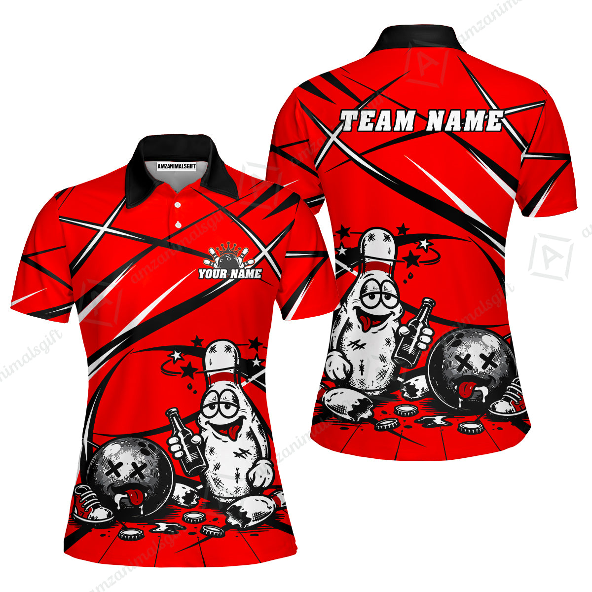 Custom Bowling Jersey Polo Shirt, Drunk Bowling Pin And Ball, Custom Bowling Jersey Team Shirt For Players With Name & Team Name