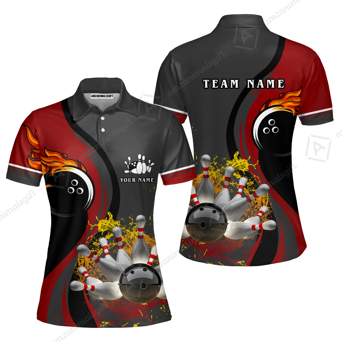 Customized Bowling Unisex Polo Shirt, Bowling And Pins Water Flow Multicolor Option Customized Name And Team Name For Bowling Team Polo Jerseys Shirts