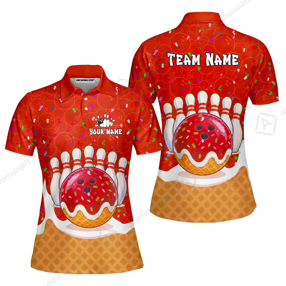 Custom Bowling Jersey Polo Shirt, Bowling Sprinkles Ice Cream Cone, Personalized Name & Team Name