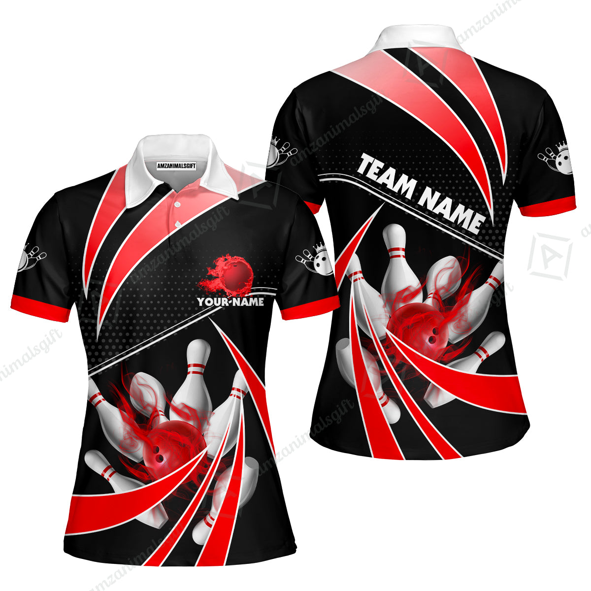 Customized Bowling Women Polo Shirt, Bowling Ball & Pins Fire Light Sport Women Polo Shirt Multicolor Option For Bowlers