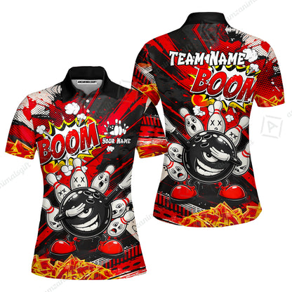 Customized Bowling Unisex Polo Shirt, Boom Bowling Angry Ball Screaming Pins, Personalized Name And Team Name For Bowlers