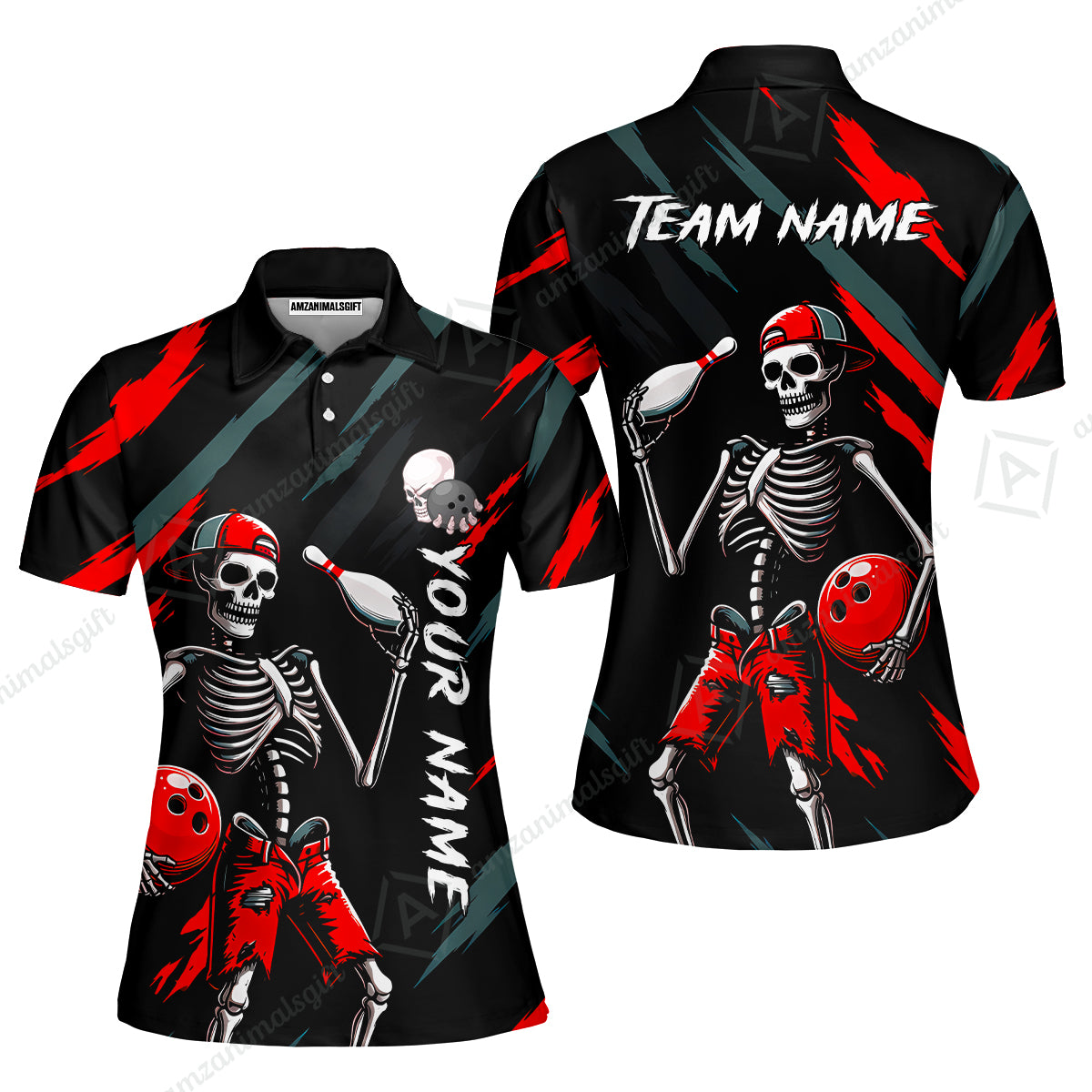 Customized Bowling Shirt, Bad Boy Skeleton Bowler, Personalized Polo Shirt For Players With Name & Team Name