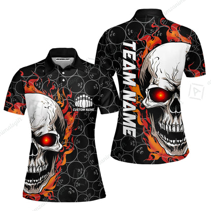Personalized Bowling Unisex Polo Shirt, Green Flaming Skull Shirt For For Team Men Women Bowlers