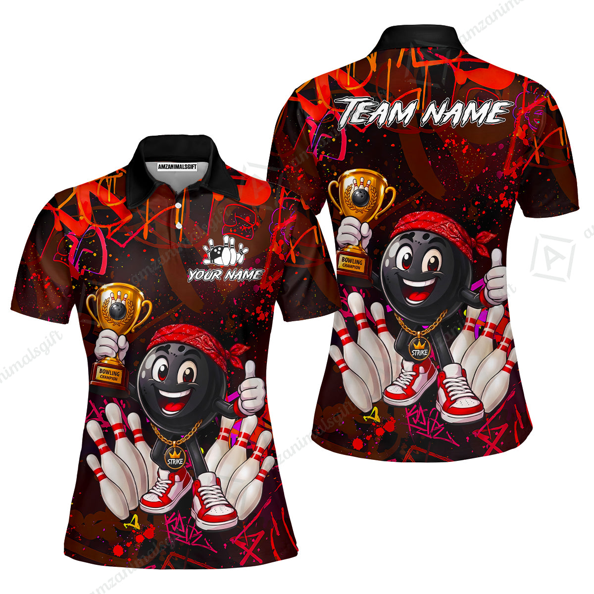 Custom Bowling Jersey Polo Shirt, Graffiti Champion, Custom Bowling Jersey Team Shirt For Players With Name & Team Name