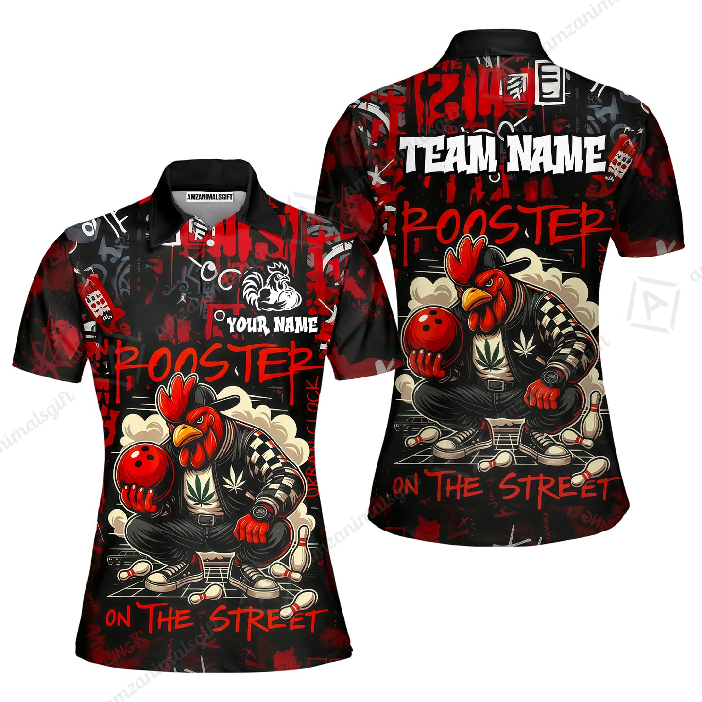 Customized Bowling Unisex Polo Shirt, Urban Streetwear Chicken Bowling Rooster On The Street, Personalized Name Team Name