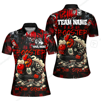 Customized Bowling Unisex Polo Shirt, Urban Streetwear Chicken Bowling Rooster On The Street, Personalized Name Team Name