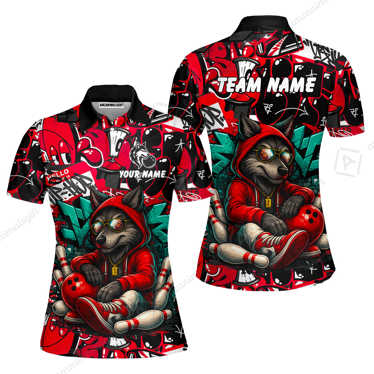 Custom Bowling Jersey Polo Shirt, Badass Wolf Mascot Bowling, Custom Bowling Jersey Team Shirt For Players With Name & Team Name