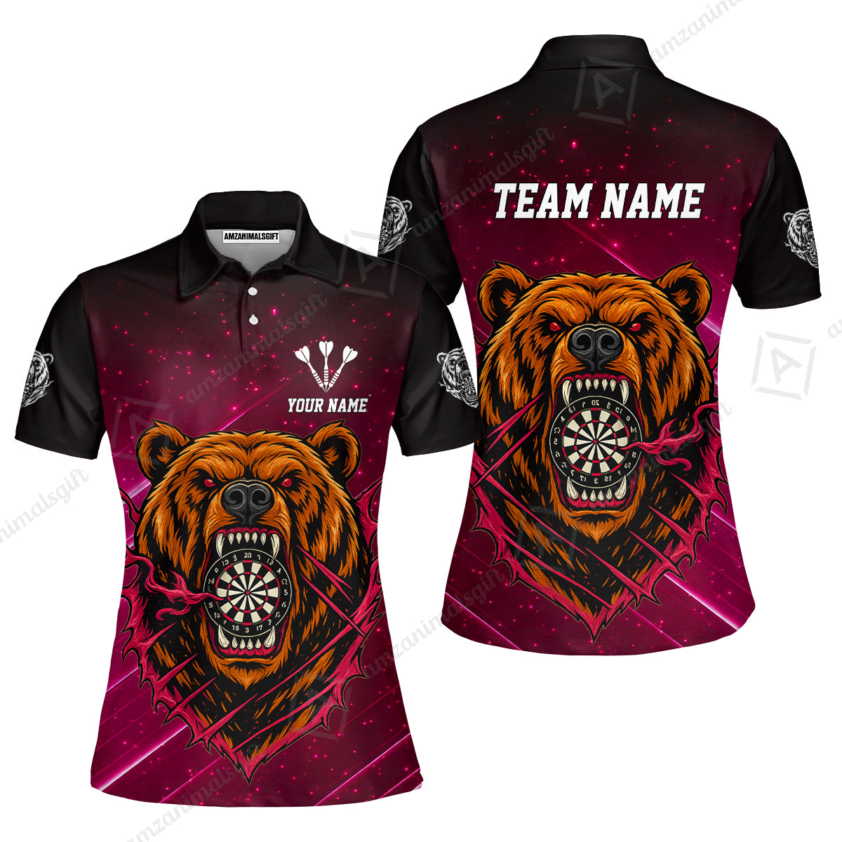 Customized Darts Team Uniform Shirt, Personalized Furious Bear Darts Collar Quarter-Zip Shirt with Name & Team Name
