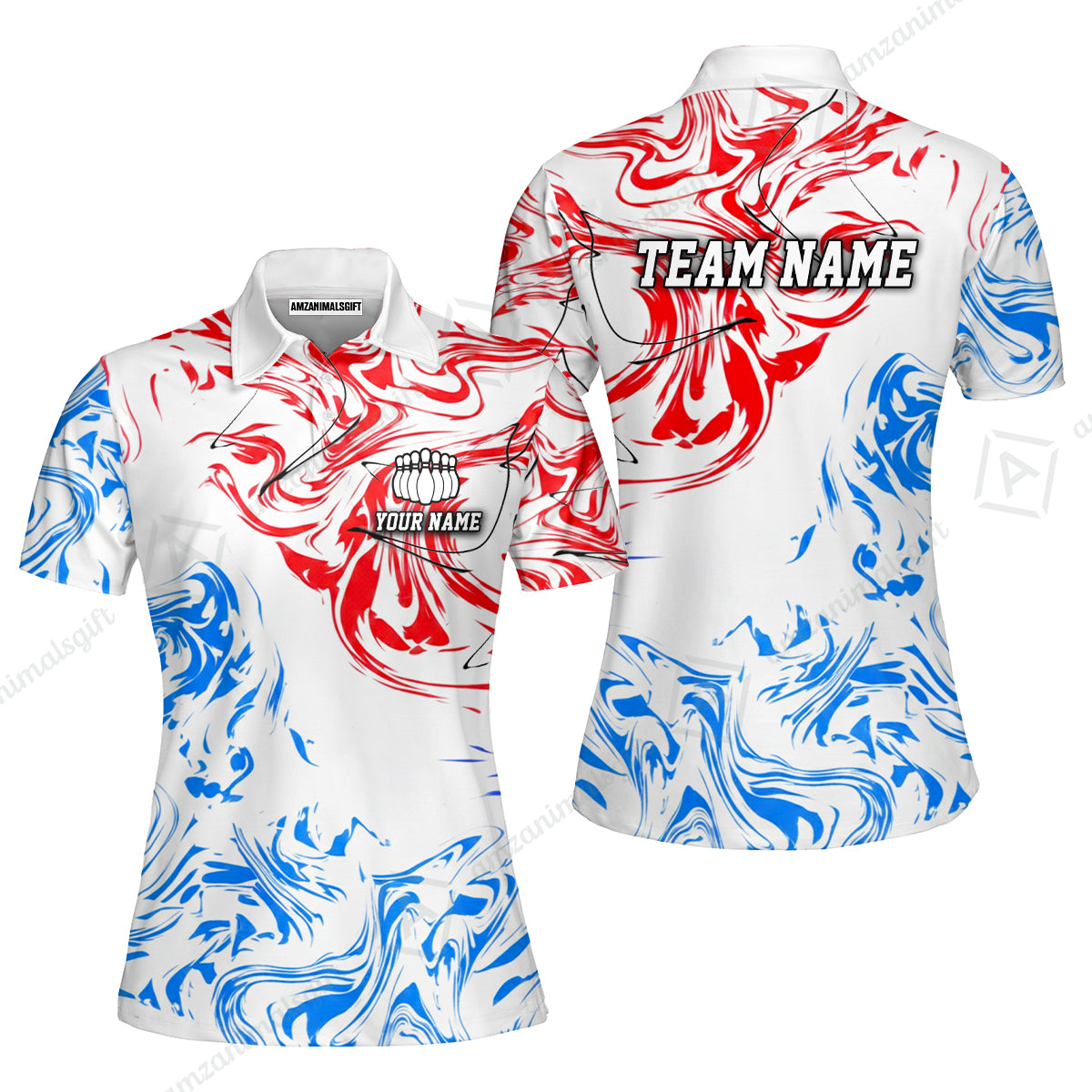 Customized Bowling Unisex Polo Shirt, Velocity Wave Marble Swirl Pattern Bowling, Personalized Name Team Name For Bowlers