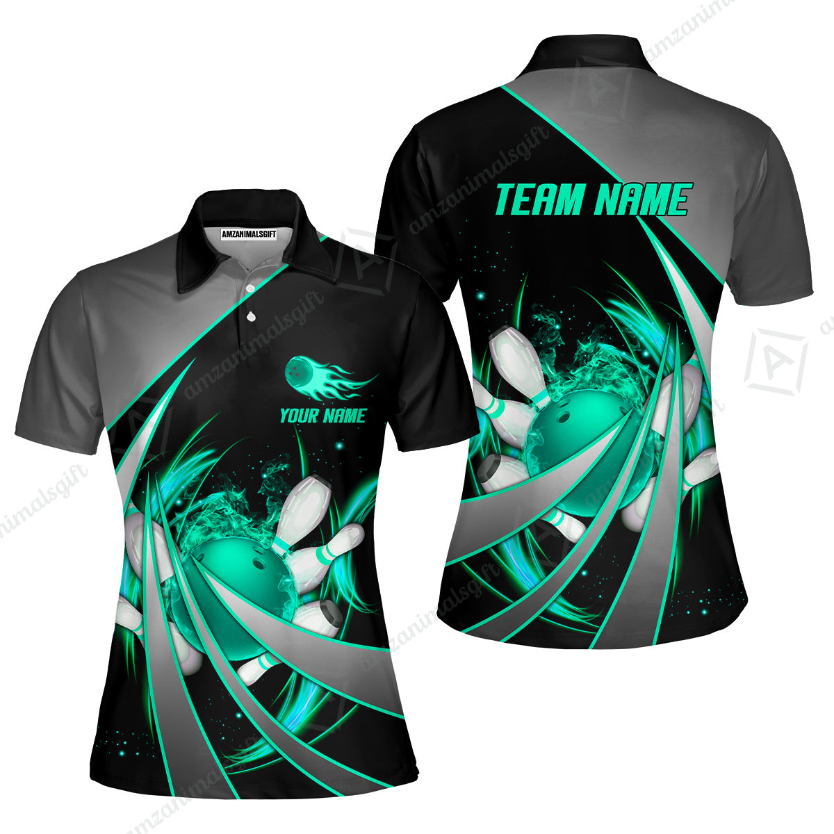 Customized Bowling Unisex Polo, Flame Bowling And Pins Tornado Pattern Multicolor Option Customized Name Zipper Polo Jerseys Shirts